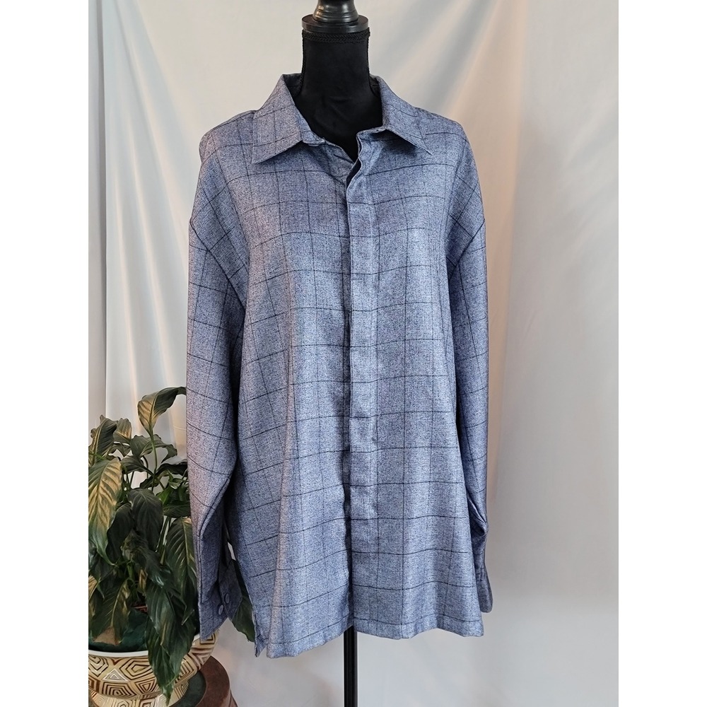 Stacy Adams Mens XXL Blue Windowpane Plaid‎ Hidden Button Down Dress Shirt L/S